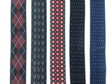 5 patterns of elastic suspenders: Black background with burgundy argyle and white detail, black and grey diamond, small multi-color diamond pattern, black with small white dot, and blue with small white dot