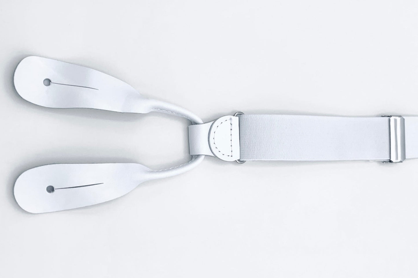 White Elastic suspenders with white leather ends perfect for tuxedo