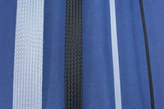 4 pieces of heavyweight horsehair alternating between white and black; 1" wide, 1/2" wide, 1/4" wide, 1/8" wide