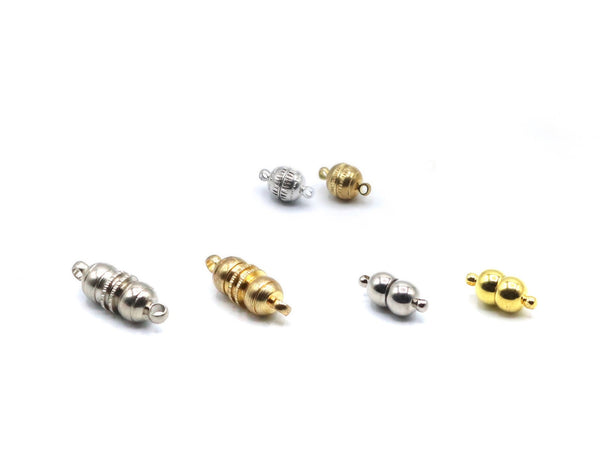 Collection of three styles of magnetic jewelry clasps in both goldtone and silvertone